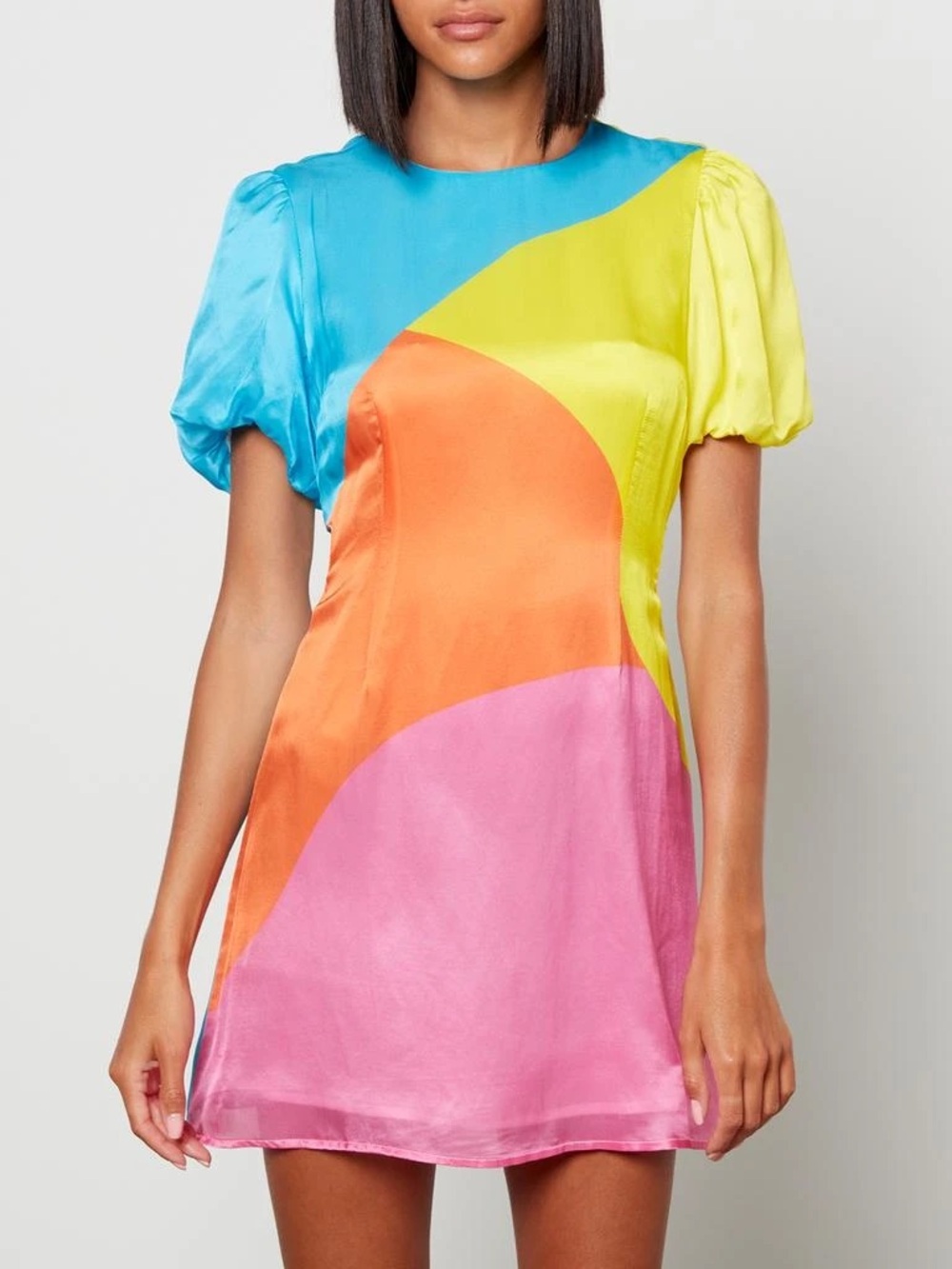 OLIVIA RUBIN Multicolor Silk Mini Dress — Blue, Yellow, Orange, Pink